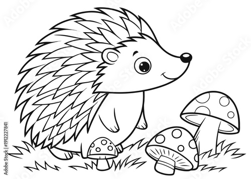 Cute cartoon hedgehog standing happily beside spotted toadstools in a grassy patch ready for coloring fun and imagination