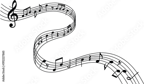 Curving musical staff with treble clef and flowing notes for dynamic music and rhythm theme - black vector illustration