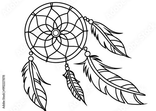 Detailed black and white line art drawing of a traditional dreamcatcher featuring intricate webbing and dangling feathers ideal for coloring pages