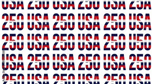 Seamless patriotic typography pattern featuring USA and 250 in red, white and navy stripes. Clean modern vector background celebrating 250th American Independence anniversary.
