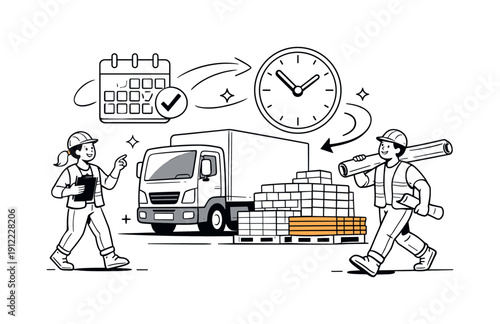 Construction logistics planning. Delivery truck aligned with stacked materials, calendar and clock icons floating nearby