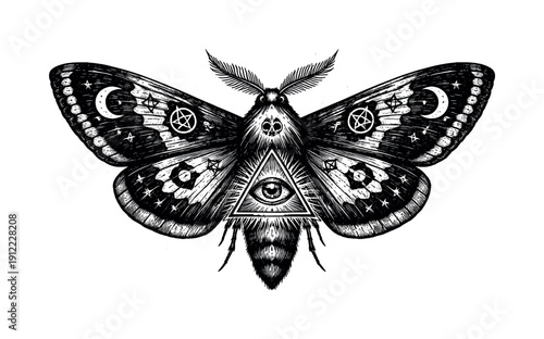 An occult moth illustrated front-facing with wings fully spread, symmetrical and ritualistic, arcane markings subtly