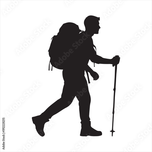 Hiker walking with backpack and trekking poles in profile view