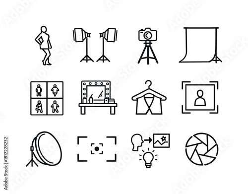 Studio fashion photography. Line outline icon set of Studio fashion photography: fashion model, studio lights, camera