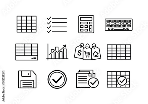 Tracking expenses with an Excel sheet. Line outline icon set of Tracking expenses with an Excel sheet: spreadsheet grid,