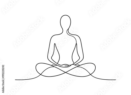 "Inner Stillness". Minimalistic one-line drawing an abstract human-like form seated in calm symmetry, reduced to one