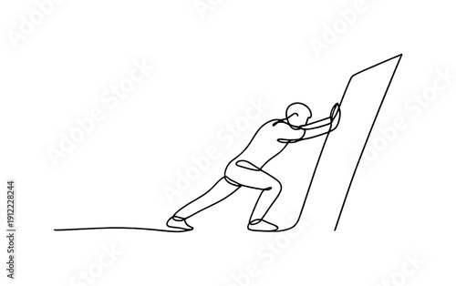 Facing Obstacles. Minimalistic one-line drawing of a person pushing forward against a simple abstract barrier