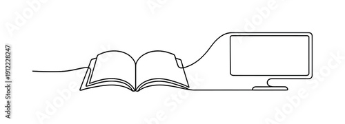 Digital Education. Minimalistic one-line drawing of an open book transforming into a screen symbolizing modern learning
