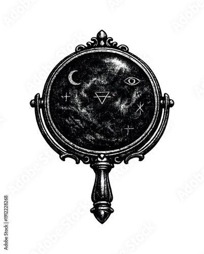 Old ritual mirror viewed straight on, glass surface filled with swirling darkness and faint symbolic marks, black and