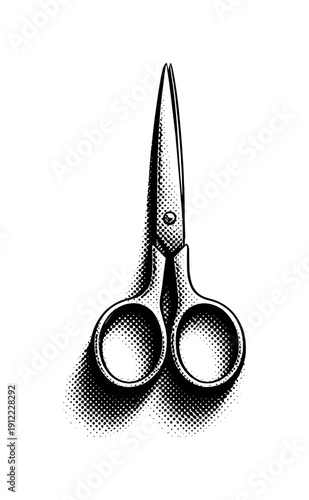 A pair of scissors held closed with the blades tightly pressed together, isolated and centered, depicted in monochrome