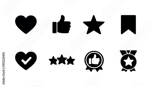 Like and favorite icons. Filled icon set of Like and favorite icons: heart, thumbs up, star, bookmark, favorite check,