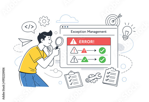 Exception Management. Person analyzing a warning message on a clean interface, alert symbols transforming into