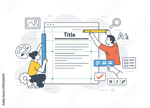 Document Editing. Hands adjusting margins and formatting tools around a digital page, alignment guides snapping into