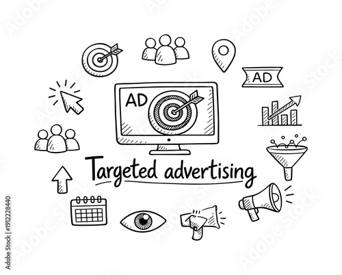 Doodle Targeted Ads. Targeted advertising. Hand-drawn doodle illustration of Targeted advertising. In the middle, one