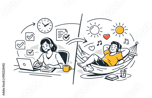 Work-life harmony. Split scene with focused work on one side and relaxing personal time on the other, calm smiles and