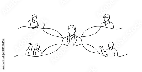 Project managers coordinating work teams. Minimalistic one-line drawing central figure connecting multiple team members