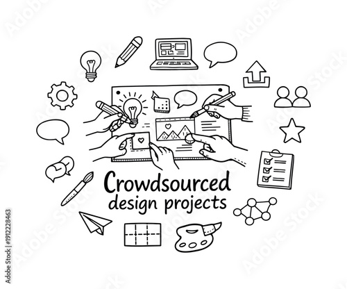 Crowdsourced design projects. Hand-drawn doodle illustration of Crowdsourced design projects. In the middle, one