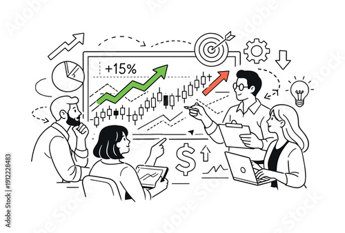 People analyzing financial charts and graphs. Team gathered around a large screen with rising and falling charts,
