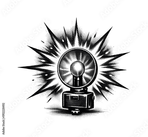 A vintage camera flash bursting outward in a sharp star-like explosion, frozen at the moment of light emission, single