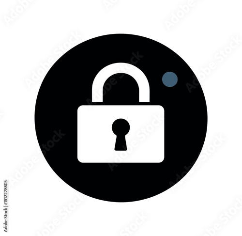 Flat vector badge solid black small circle background padlock tiny
