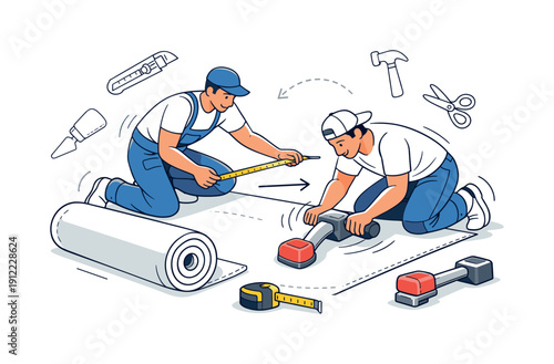 Carpet installation process. Rolled carpet, measuring tape, and knee kicker arranged around installers working together.