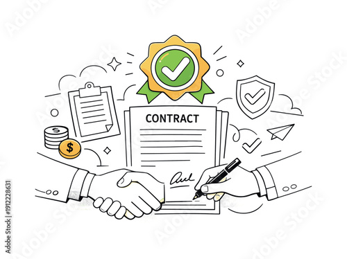 Contract Approval. Two hands finalizing an agreement over a signed document, approval badge floating above. Mood of