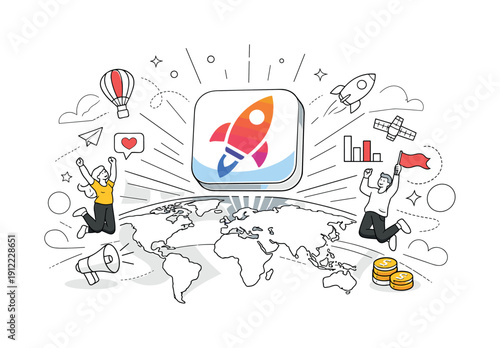 Global Launch. Product icon emerging above a world map, launch rays spreading across continents. Feeling of scale,