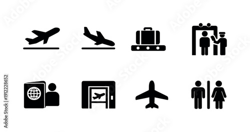Airport wayfinding icons. Filled icon set of Airport wayfinding icons: departures sign, arrivals sign, baggage claim,