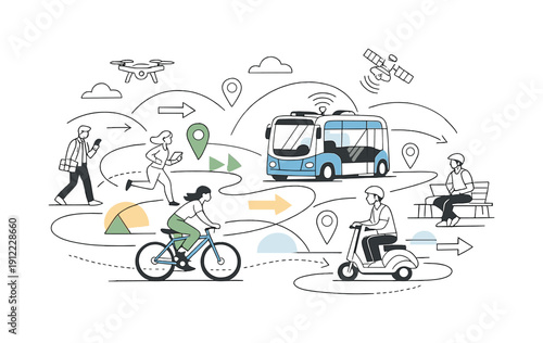 Smart city mobility. People, bikes, and autonomous buses moving along abstract routes, location pins and arrows floating