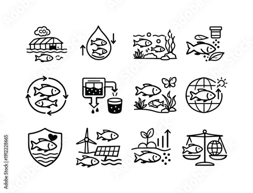 Eco friendly fish farming. Line outline icon set of Eco friendly fish farming: low emission farm, water conservation,