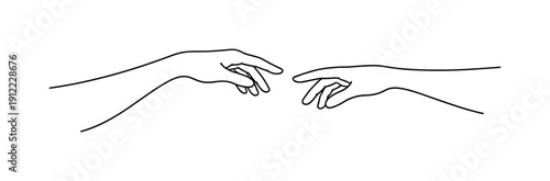 "Almost a Touch". Minimalistic one-line drawing two arms extending from opposite sides with hands stopping just before