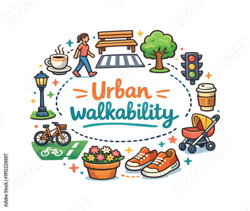 Urban walkability. Hand drawn illustration of Urban walkability. sidewalks, trees, benches, pedestrians, crosswalk, bike
