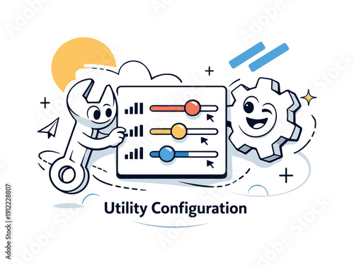 Utility Configuration. Wrench and gear icons hovering over a settings card, parameters tuning themselves live. Sense of