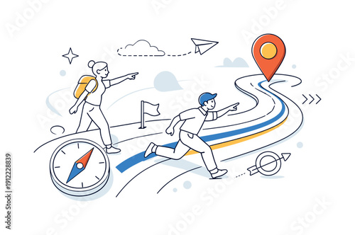 Guided Path Illustration. Route Guidance. Abstract path lines curving toward a destination pin, compass needle subtly
