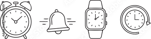 Time management icon set featuring minimalist line art of a twin-bell alarm clock, ringing notification bell, square wristwatch, and circular history timer symbol for scheduling and alerts UI.