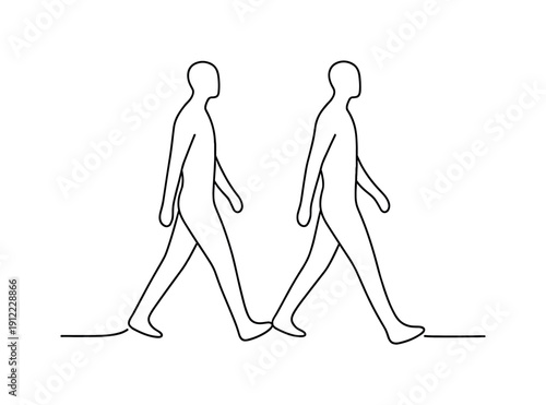 Shared Distance. Minimalistic one-line drawing of two parallel human outlines moving in the same direction with space