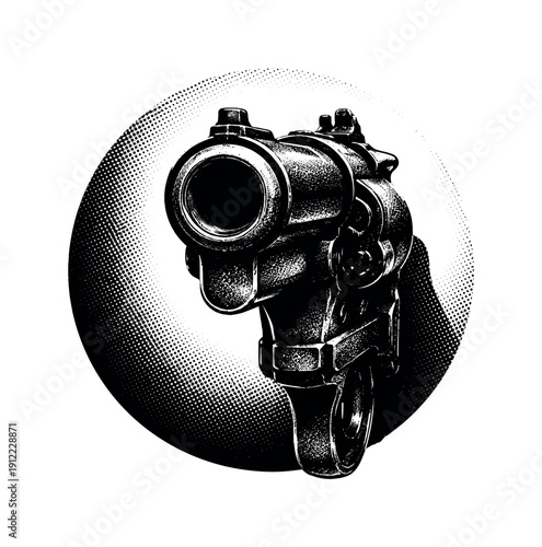 A frontal close-up of an antique revolver barrel pointing slightly off-center, circular form emphasized as a graphic