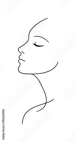 Quiet Gaze. Minimalistic one-line drawing calm human profile with minimal eye detail suggesting softened awareness,