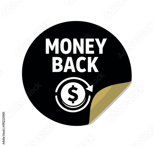 Flat vector sticker peel badge solid black sticker with peeled corner MONEY BACK simple white coin with arrow