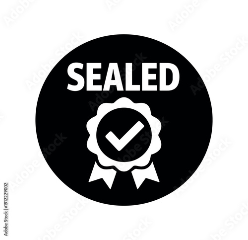 Flat vector badge SEALED simple white seal with checkmark