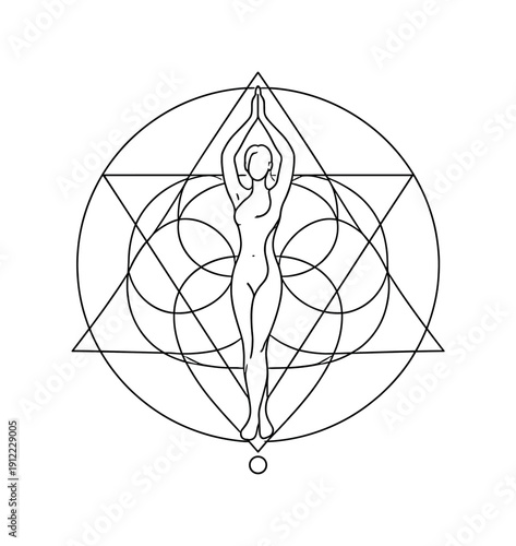Sacred Geometry. Minimalistic one-line drawing human figure integrated into harmonious geometric pattern symbolizing