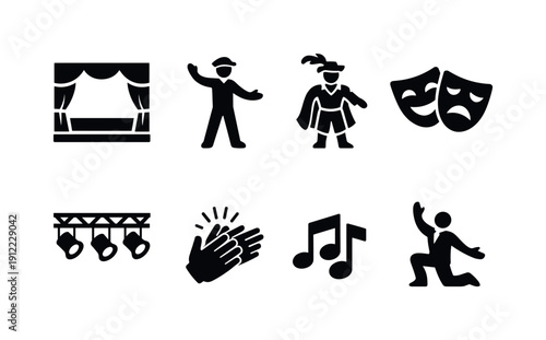 Stage performance arts. Filled icon set of Stage performance arts: live stage, actor gesture, theatrical costume,