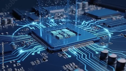 Futuristic microchip on a circuit board with glowing blue connections.