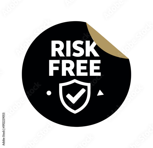 Flat vector sticker peel badge solid black sticker with peeled corner RISK FREE simple white shield with checkmark