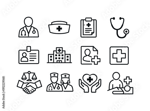 Healthcare professional. Line outline icon set of Healthcare professional: doctor figure, nurse cap, medical clipboard,