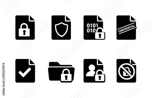 Secure document icons. Filled icon set of Secure document icons: locked document, document shield, encrypted paper,