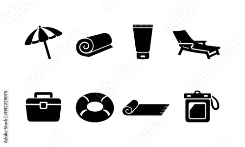 Beach accessories. Filled icon set of Beach accessories: striped umbrella, rolled towel, sunscreen tube, beach chair,