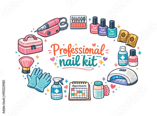 Professional nail kit. Hand drawn illustration of Professional nail kit. nail drill, drill bits set, gel polish bottles,
