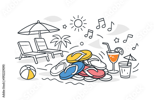 Beach summer party. Pile of flip-flops near lounge chairs, drinks and music notes floating lightly, relaxed festive vibe