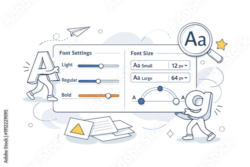 Typography Control Panel. Font Settings. Typography control panel with font weight sliders and size selectors, letters